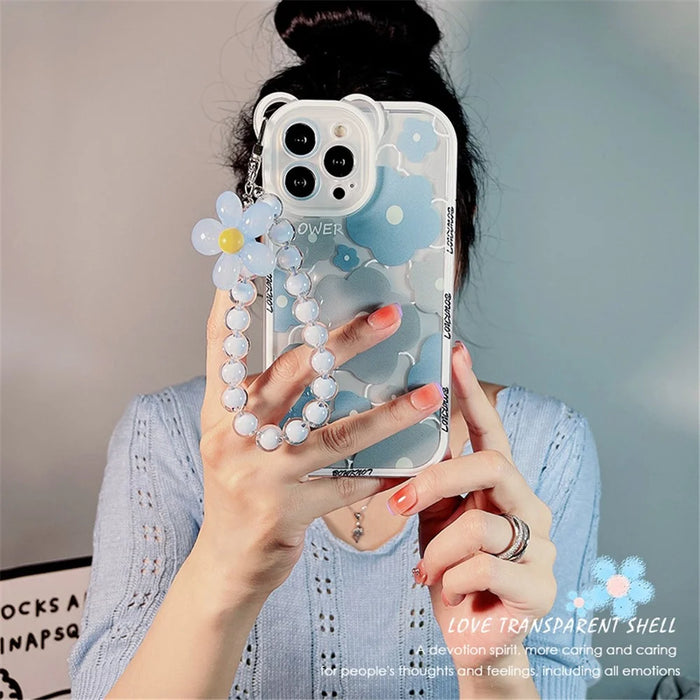 TPU Phone Case for iPhone 14 Pro , Bear Ear Decor Cell Phone Shell Flower Pattern Cover with Bead Strap - 5