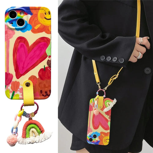 For iPhone 13 Soft TPU Phone Cover Heart Pattern Cell Phone Case with Rainbow Decor, Leather Shoulder Strap - 1