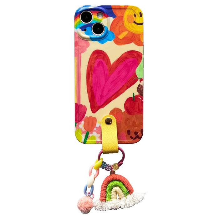 For iPhone 13 Soft TPU Phone Cover Heart Pattern Cell Phone Case with Rainbow Decor, Leather Shoulder Strap - 2