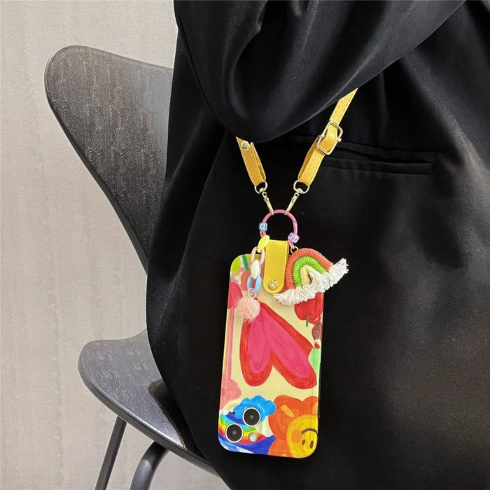 For iPhone 13 Soft TPU Phone Cover Heart Pattern Cell Phone Case with Rainbow Decor, Leather Shoulder Strap - 4