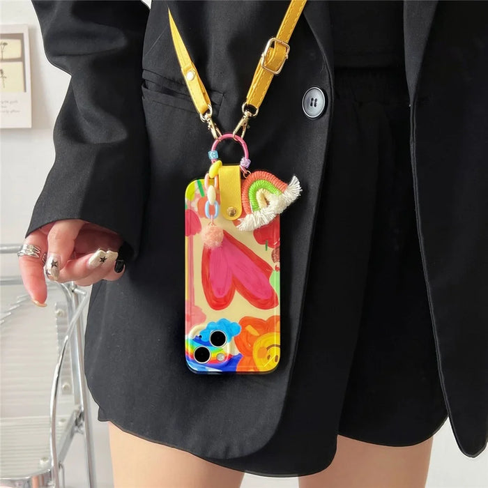 For iPhone 13 Soft TPU Phone Cover Heart Pattern Cell Phone Case with Rainbow Decor, Leather Shoulder Strap - 5