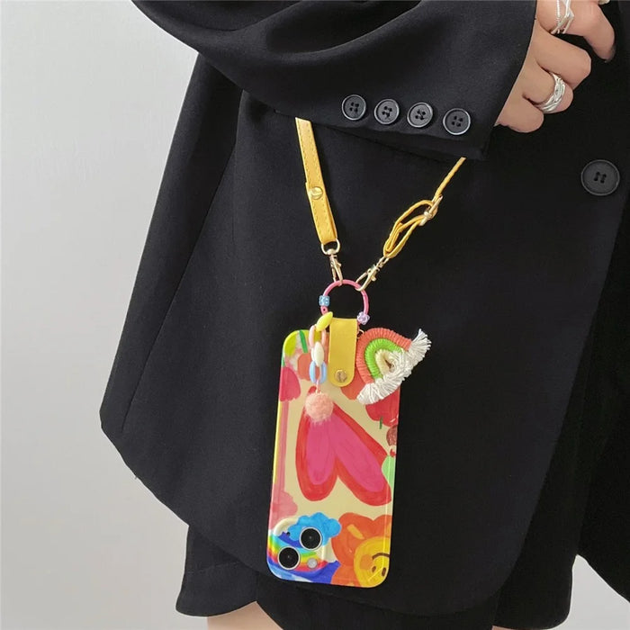 For iPhone 13 Soft TPU Phone Cover Heart Pattern Cell Phone Case with Rainbow Decor, Leather Shoulder Strap - 6