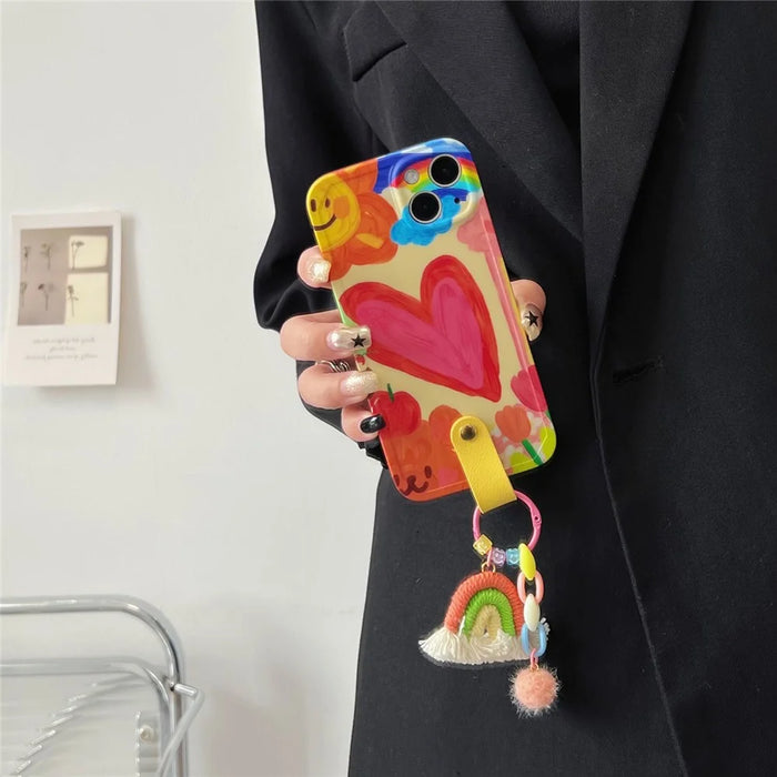 For iPhone 13 Soft TPU Phone Cover Heart Pattern Cell Phone Case with Rainbow Decor, Leather Shoulder Strap - 7