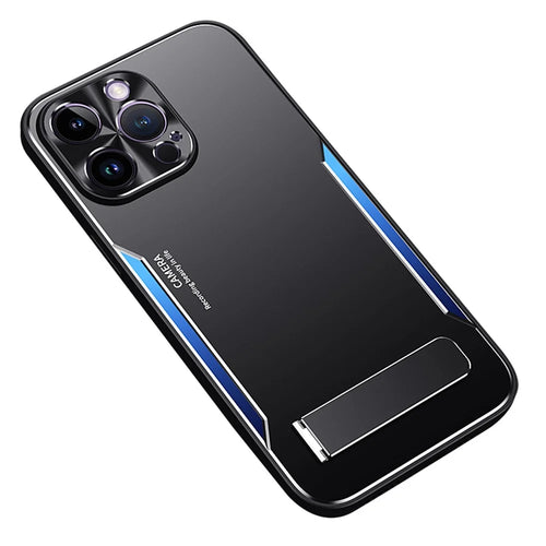 For iPhone 14 Pro Max Soft TPU + Hard Aluminium Alloy Phone Cover Kickstand Phone Case Smartphone Shell - Blue - 1
