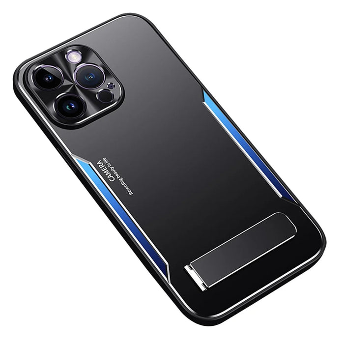 For iPhone 14 Pro Max Soft TPU + Hard Aluminium Alloy Phone Cover Kickstand Phone Case Smartphone Shell - Blue - 1