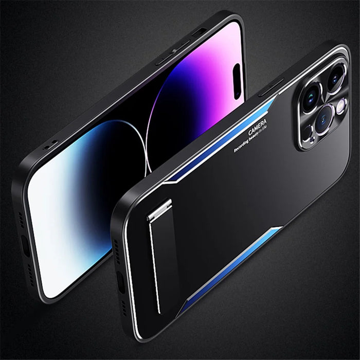 For iPhone 14 Pro Max Soft TPU + Hard Aluminium Alloy Phone Cover Kickstand Phone Case Smartphone Shell - Blue - 4