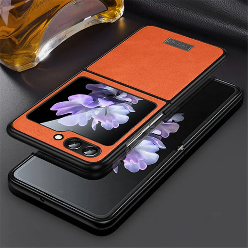 SULADA For Samsung Galaxy Z Flip5 5G Anti-scratch Phone Case PU Leather Coated TPU Cover - Orange - 2