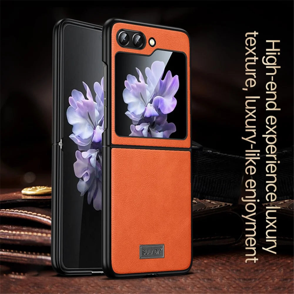 SULADA For Samsung Galaxy Z Flip5 5G Anti-scratch Phone Case PU Leather Coated TPU Cover - Orange - 3
