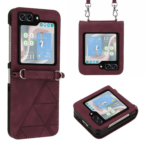 For Samsung Galaxy Z Flip5 5G Leather Case with Shoulder Strap Wallet Stand Phone Cover - Wine Red - 1