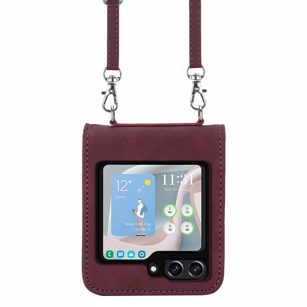 For Samsung Galaxy Z Flip5 5G Leather Case with Shoulder Strap Wallet Stand Phone Cover - Wine Red - 2