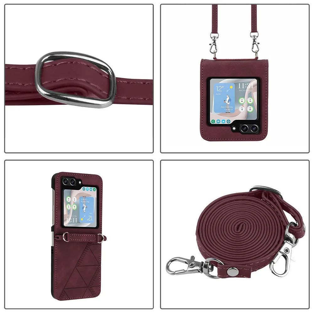 For Samsung Galaxy Z Flip5 5G Leather Case with Shoulder Strap Wallet Stand Phone Cover - Wine Red - 3