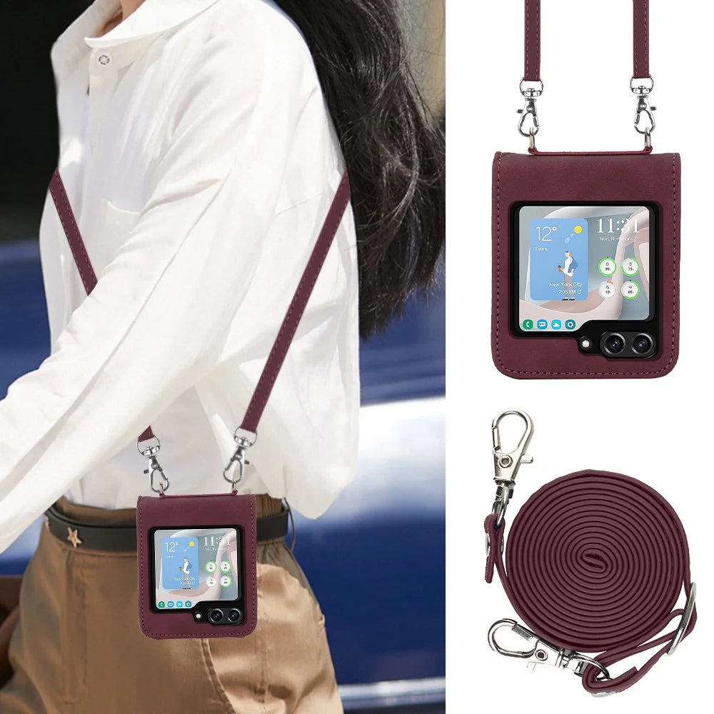 For Samsung Galaxy Z Flip5 5G Leather Case with Shoulder Strap Wallet Stand Phone Cover - Wine Red - 4