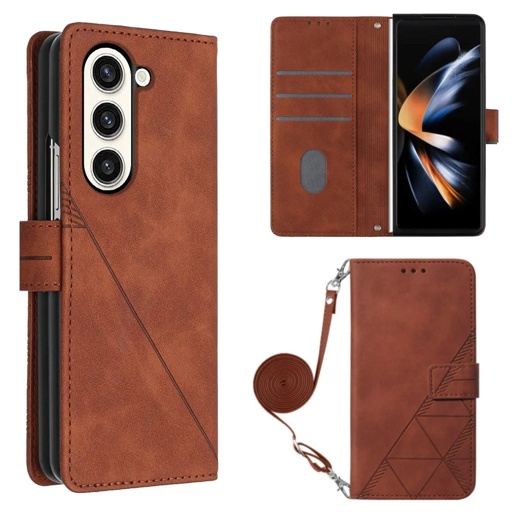 For Samsung Galaxy Z Fold5 5G Leather Case with Shoulder Strap Wallet Stand Phone Cover - Brown - 1