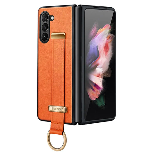 SULADA Fashion Series for Samsung Galaxy Z Fold5 5G Wristband Kickstand Phone Case Leather Coated PC Cover - Orange - 1