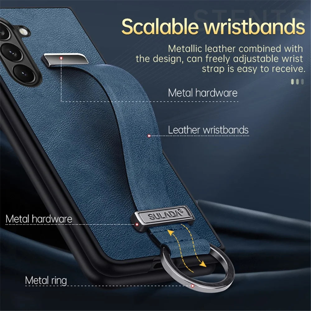 SULADA Fashion Series for Samsung Galaxy Z Fold5 5G Wristband Kickstand Phone Case Leather Coated PC Cover - Orange - 5