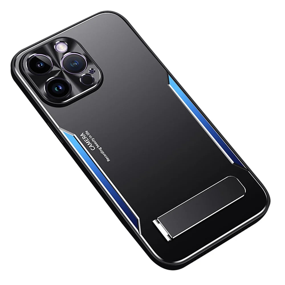 TPU+Aluminium Alloy Phone Case for iPhone 14 Pro Anti-drop Kickstand Back Cover - Blue - 1