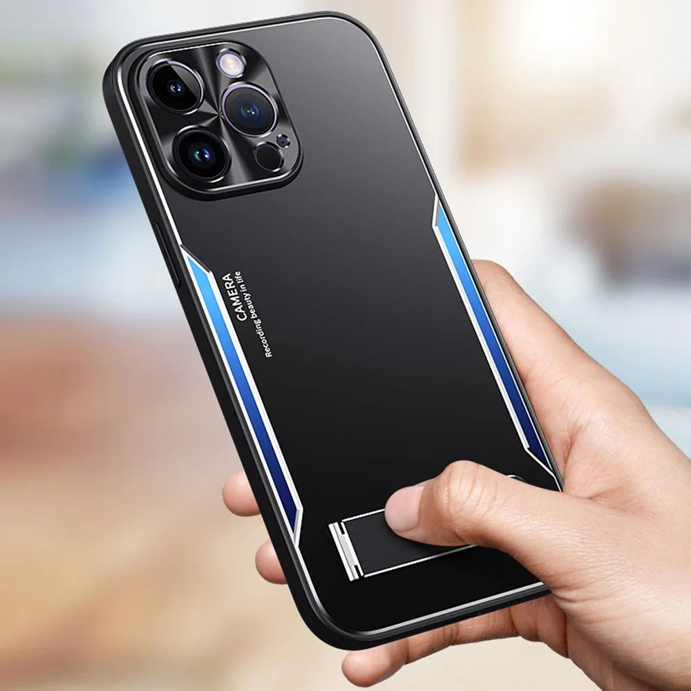 TPU+Aluminium Alloy Phone Case for iPhone 14 Pro Anti-drop Kickstand Back Cover - Blue - 5