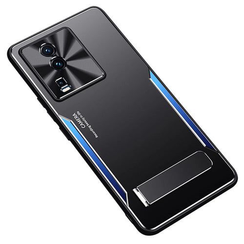 For vivo iQOO Neo7 5G Kickstand Phone Cover TPU + Aluminum Alloy Anti-Fingerprint Phone Case - Blue - 1