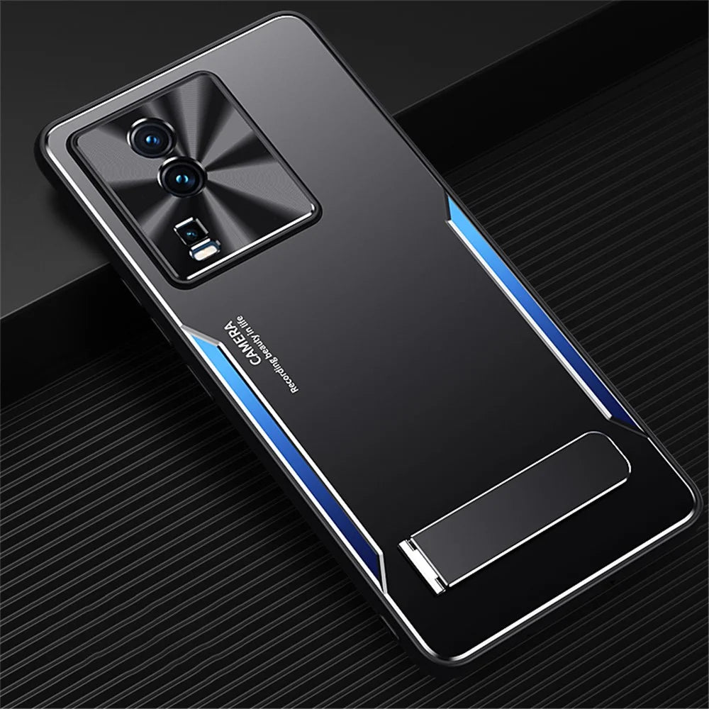 For vivo iQOO Neo7 5G Kickstand Phone Cover TPU + Aluminum Alloy Anti-Fingerprint Phone Case - Blue - 2