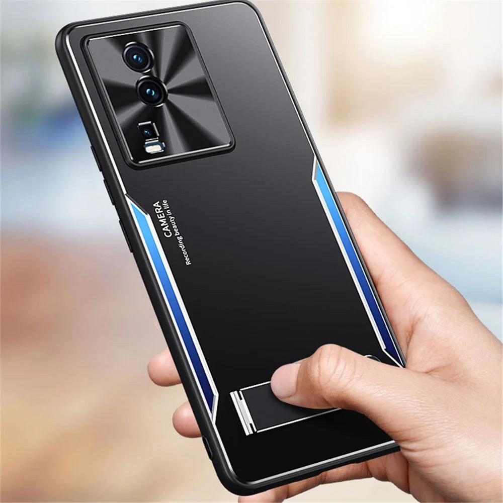 For vivo iQOO Neo7 5G Kickstand Phone Cover TPU + Aluminum Alloy Anti-Fingerprint Phone Case - Blue - 3