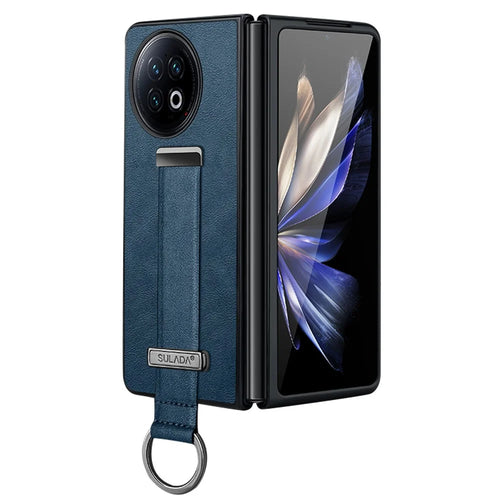 SULADA Fashion Series for vivo X Fold2 Leather Coated PC Cover Wristband Kickstand Folding Phone Case - Blue - 1