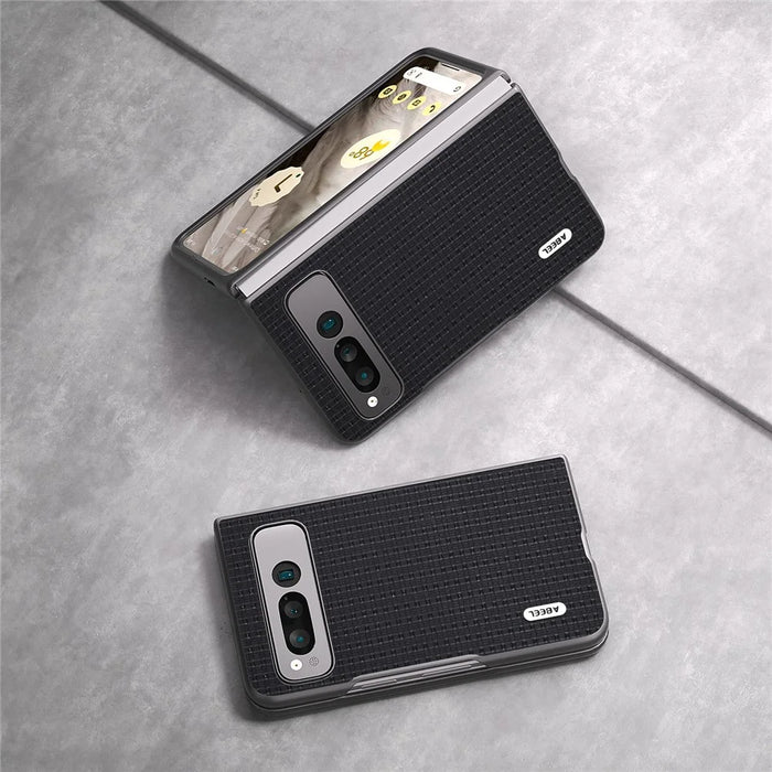ABEEL For Google Pixel Fold Cowhide Leather Coated PC Phone Case Folding Phone Cover - Black - 3