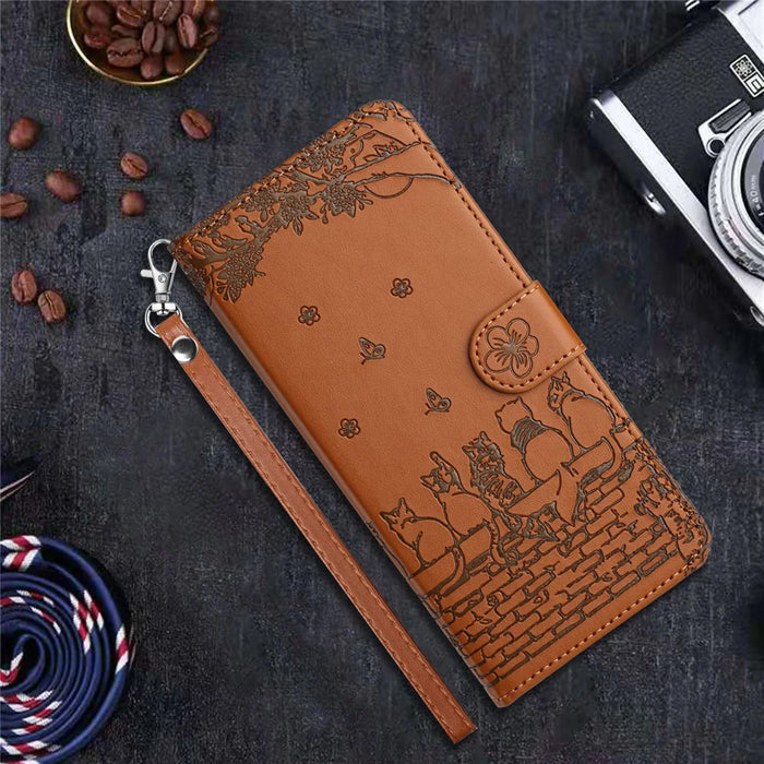 For iPhone 15 Pro Max Wall Cats Imprinted PU Leather Stand Phone Cover Wallet Case with Strap - Brown - 7
