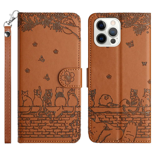 For iPhone 14 Pro Max PU Leather Stand Phone Case Wall Cats Imprinted Wallet Phone Cover with Strap - Brown - 1