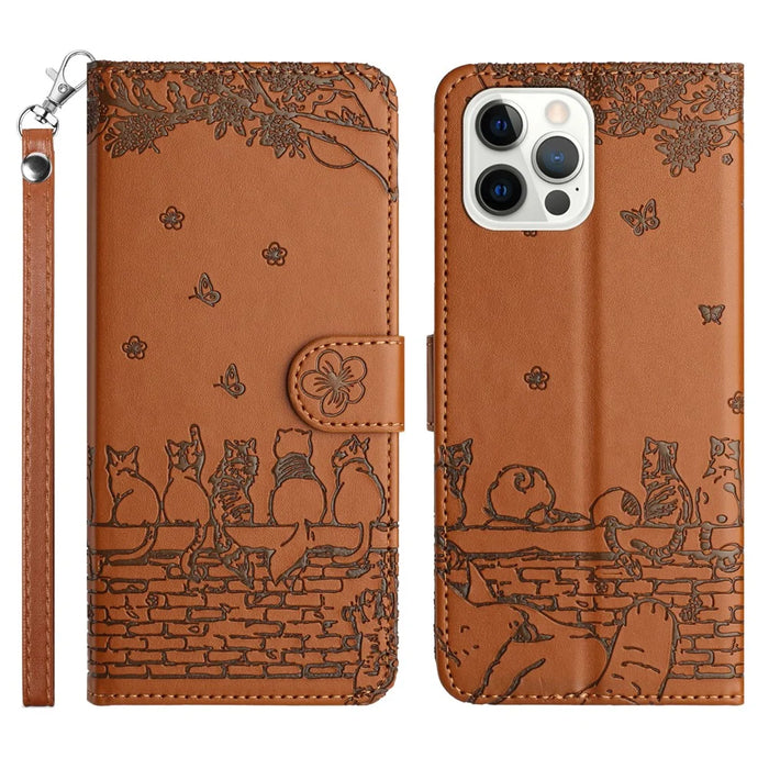 For iPhone 14 Pro Max PU Leather Stand Phone Case Wall Cats Imprinted Wallet Phone Cover with Strap - Brown - 1
