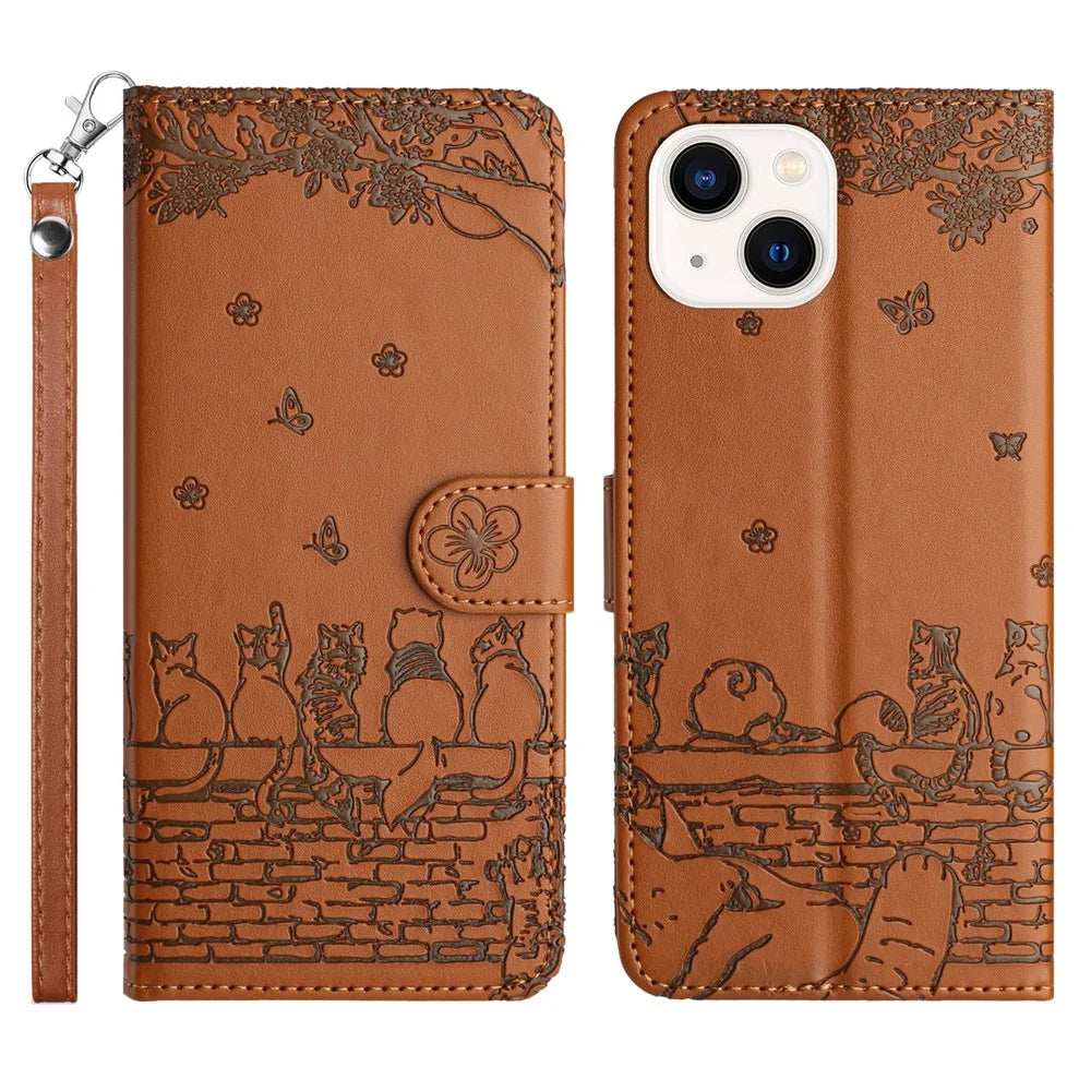 Imprinted Wall Cats Phone Leather Case for iPhone 14 , Wallet Stand Full Protection Cover with Strap - Brown - 1