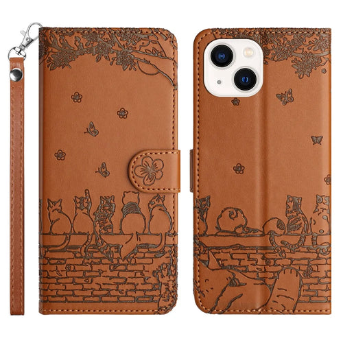 Imprinted Wall Cats Phone Stand Case for iPhone 14 Plus , PU Leather Wallet Phone Cover with Strap - Brown - 1