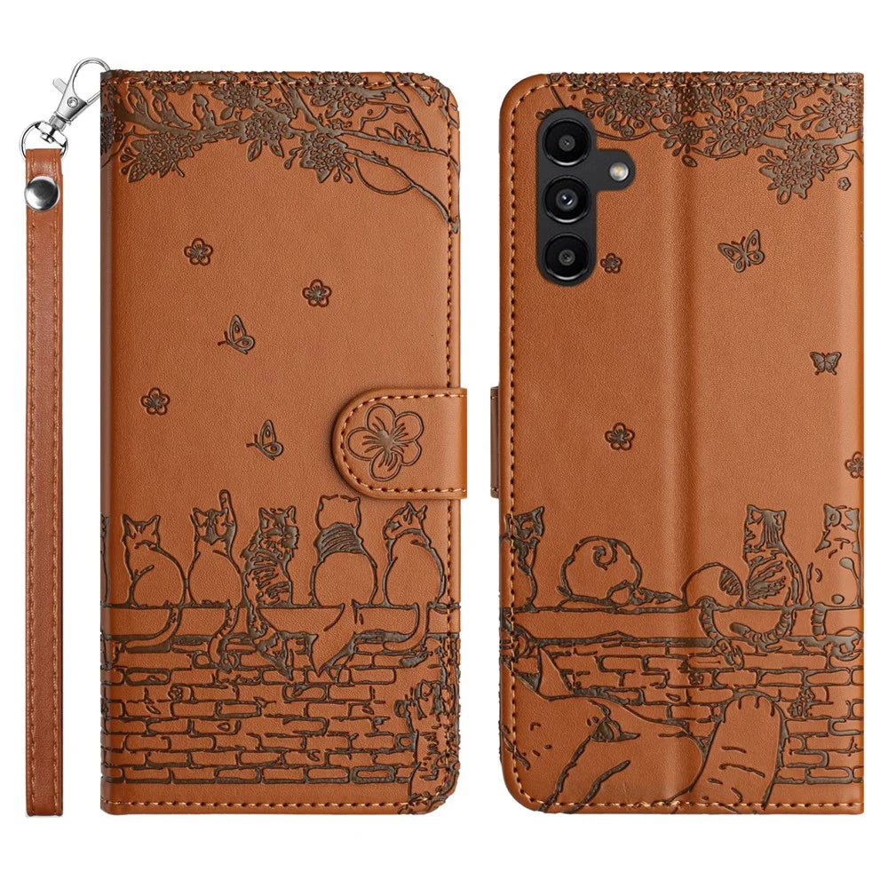 Stand Wallet PU Leather Cover for Samsung Galaxy A34 5G , Wall Cats Imprinted Phone Case with Strap - Brown - 1