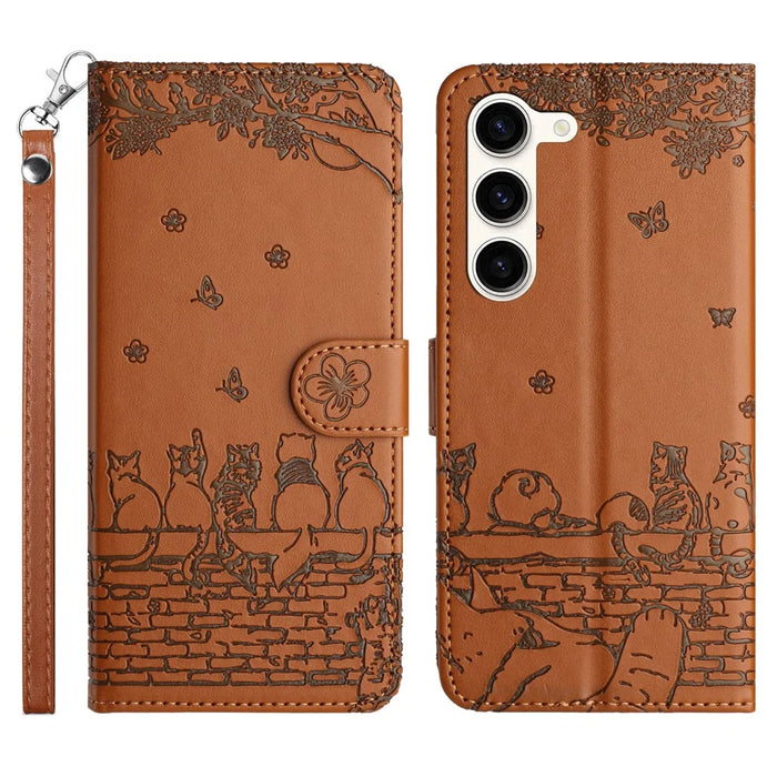 PU Leather Stand Case for Samsung Galaxy S23+ , Wall Cats Imprinted Phone Wallet Cover with Strap - Brown - 1