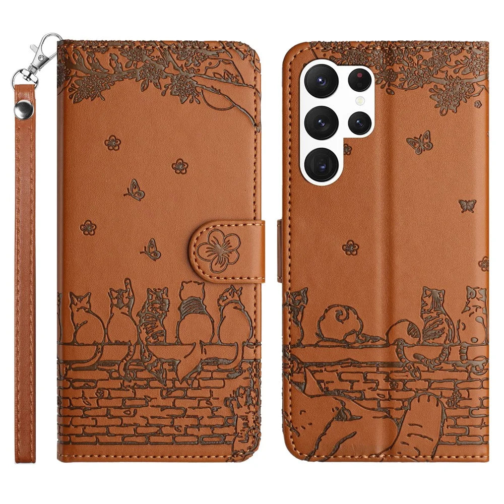 Wall Cats Imprinted Phone Case for Samsung Galaxy S23 Ultra , PU Leather Stand Wallet Cover with Strap - Brown - 1