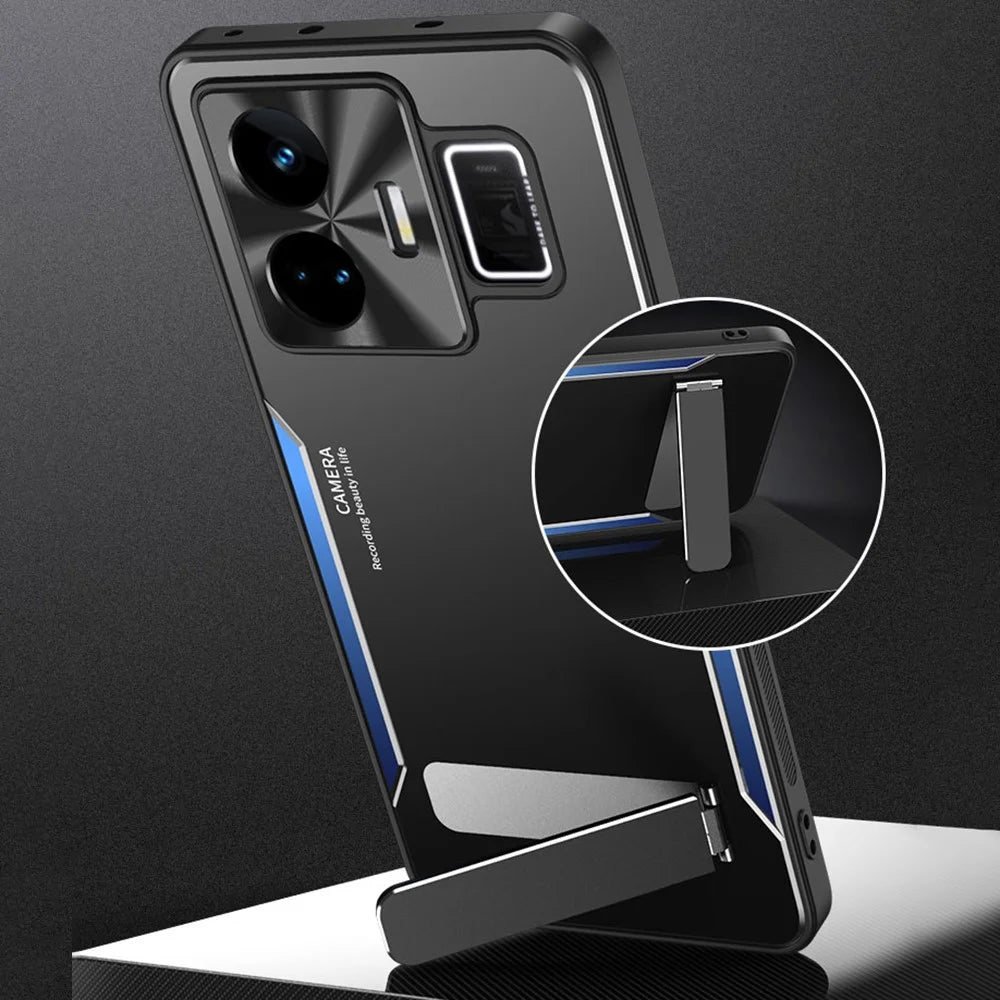 For Realme GT Neo 5 5G / GT3 5G Dustproof Cell Phone Shell TPU+Aluminium Alloy Cover Kickstand Phone Case - Blue - 3