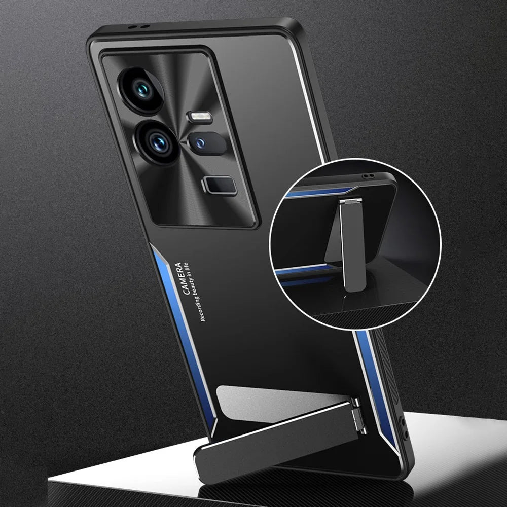 Kickstand Phone Case for vivo iQOO 11 Pro 5G , Soft TPU + Hard Aluminium Alloy Anti-fall Cover - Blue - 3