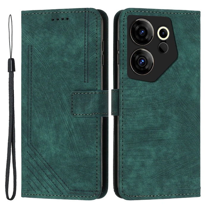 Stand Wallet for TECNO Camon 20 Premier 5G Skin-Touch Imprinted Lines Case Phone Leather Cover - Green - 1