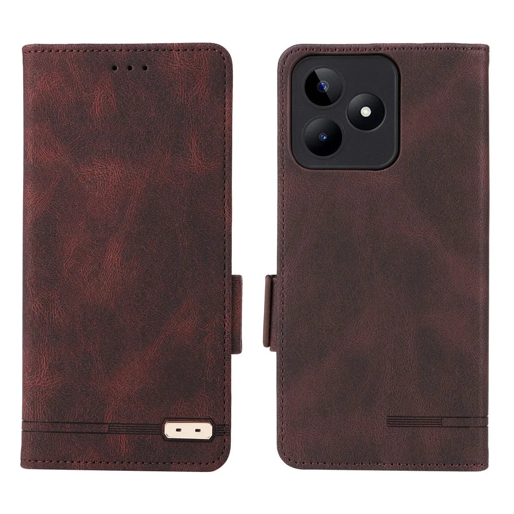For Realme C53 (Global) / C53 (India) / C51 / Narzo N53 4G Phone Wallet Case PU Leather Hardware Decor Stand Cover - Coffee - 1
