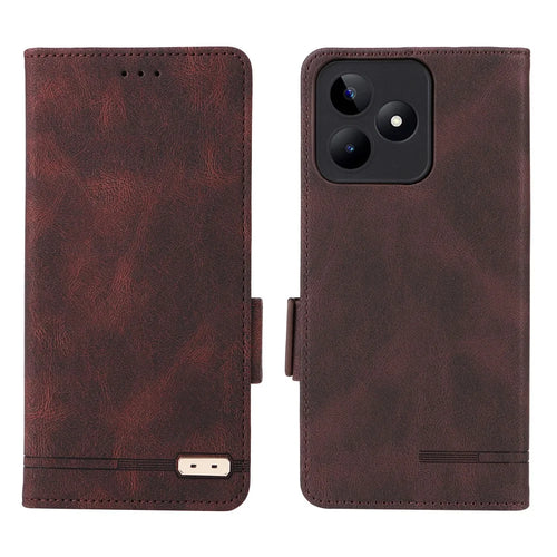 For Realme C53 (Global) / C53 (India) / C51 / Narzo N53 4G Phone Wallet Case PU Leather Hardware Decor Stand Cover - Coffee - 1