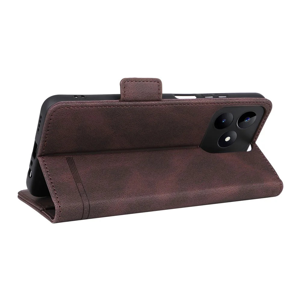 For Realme C53 (Global) / C53 (India) / C51 / Narzo N53 4G Phone Wallet Case PU Leather Hardware Decor Stand Cover - Coffee - 4