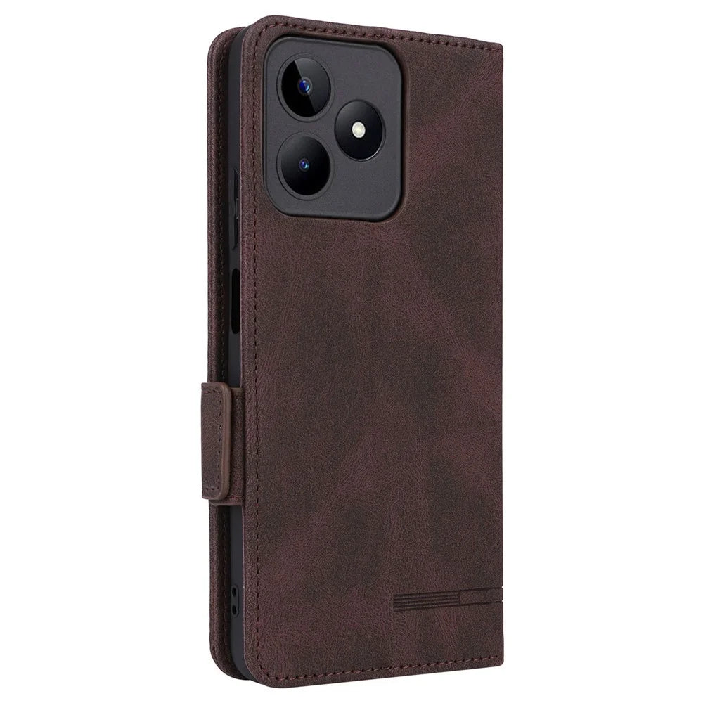 For Realme C53 (Global) / C53 (India) / C51 / Narzo N53 4G Phone Wallet Case PU Leather Hardware Decor Stand Cover - Coffee - 6