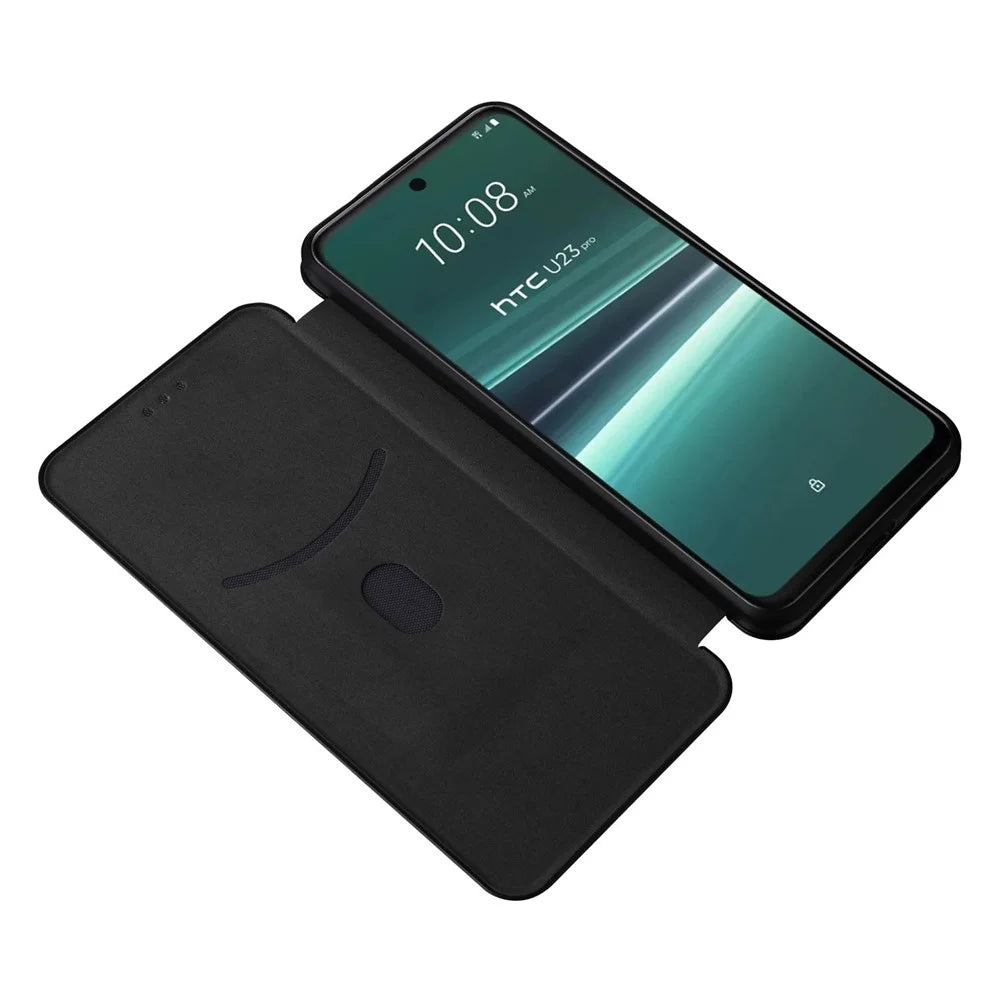 For HTC U23 Pro 5G Phone Stand Case Carbon Fiber Texture Leather Cover with Card Slot - Black - 2