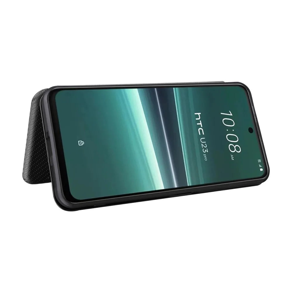 For HTC U23 Pro 5G Phone Stand Case Carbon Fiber Texture Leather Cover with Card Slot - Black - 3