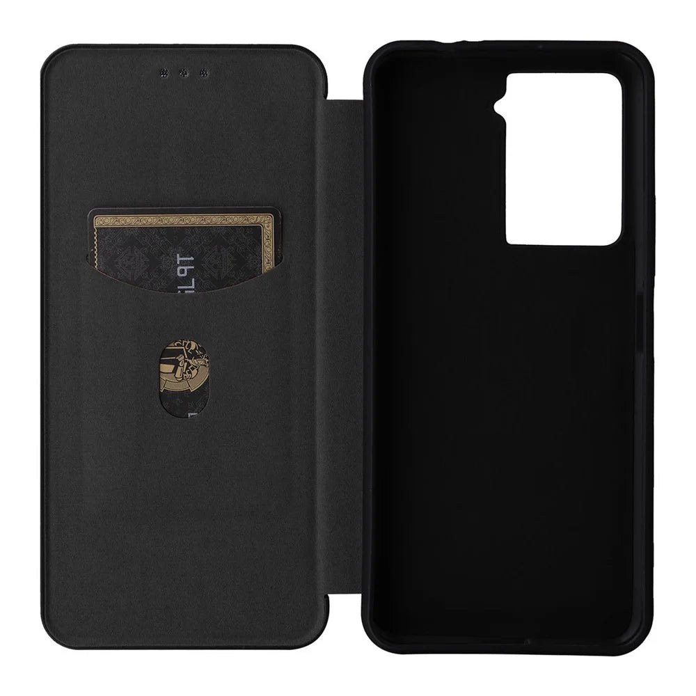 For HTC U23 Pro 5G Phone Stand Case Carbon Fiber Texture Leather Cover with Card Slot - Black - 6