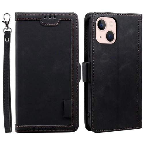 For iPhone 15 Vintage Leather Phone Case Wallet Stand Color Splicing Cover with Wrist Strap - Black - 1