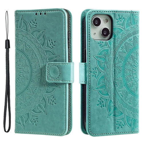 For iPhone 15 Plus Mandala Flower Imprint Protective Case PU Leather Wallet Stand Phone Cover with Strap - Green - 1