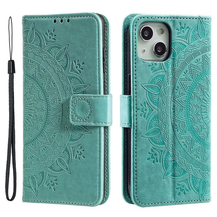 For iPhone 15 Plus Mandala Flower Imprint Protective Case PU Leather Wallet Stand Phone Cover with Strap - Green - 1