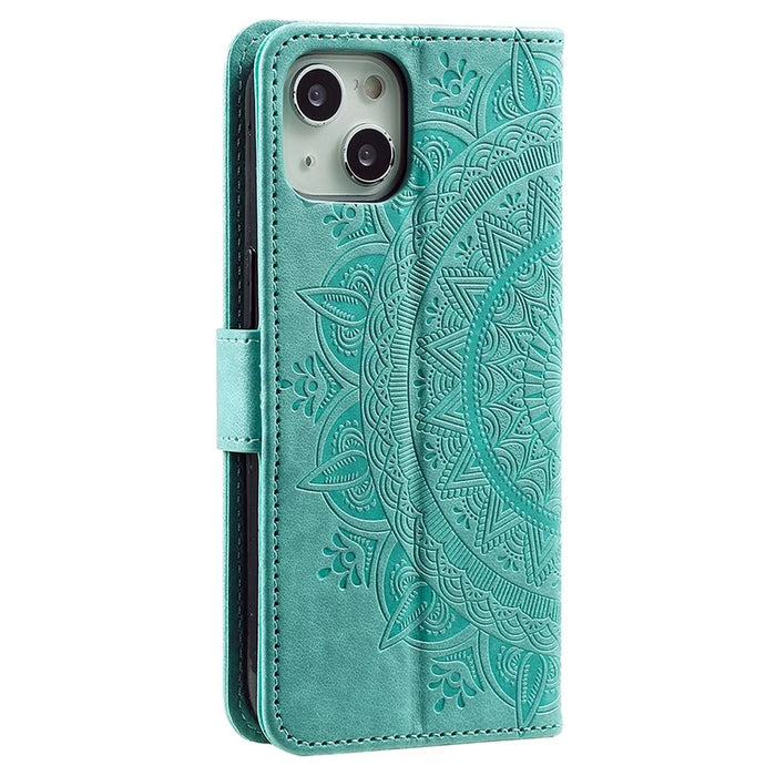 For iPhone 15 Plus Mandala Flower Imprint Protective Case PU Leather Wallet Stand Phone Cover with Strap - Green - 6