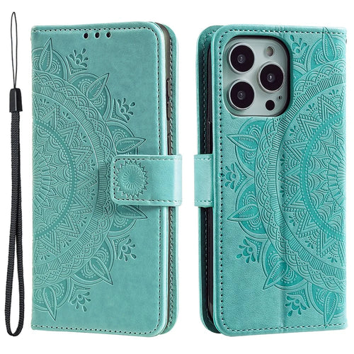 For iPhone 15 Pro Flip Phone Case PU Leather Mandala Flower Imprint Stand Wallet Cover with Strap - Green - 1