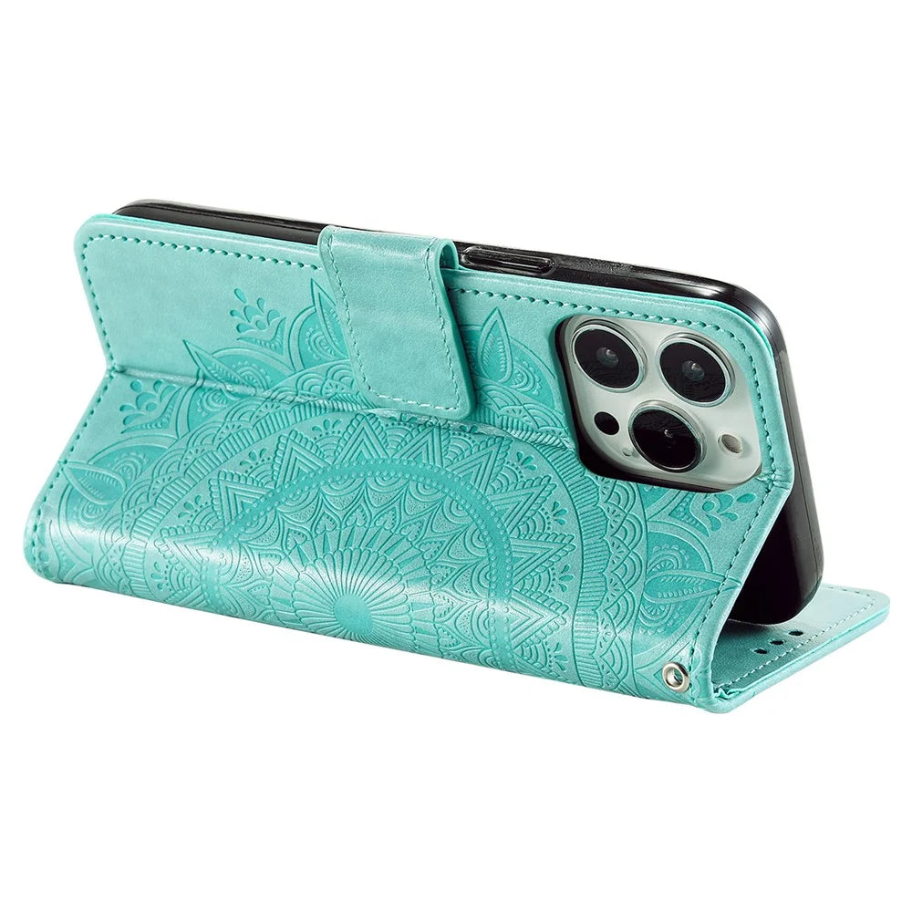 For iPhone 15 Pro Flip Phone Case PU Leather Mandala Flower Imprint Stand Wallet Cover with Strap - Green - 4